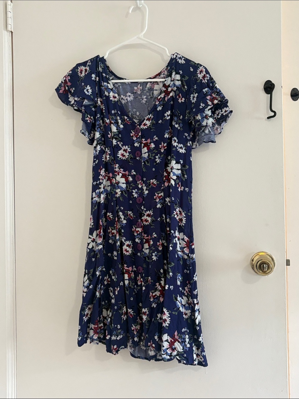 Vintage 90s Navy Floral Lace Up Back Dress M